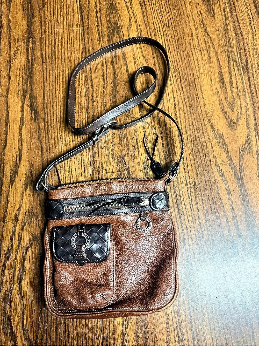 Brighton Two-Tone Brown Pebbled Leather Crossbody Bag, Woven Detail